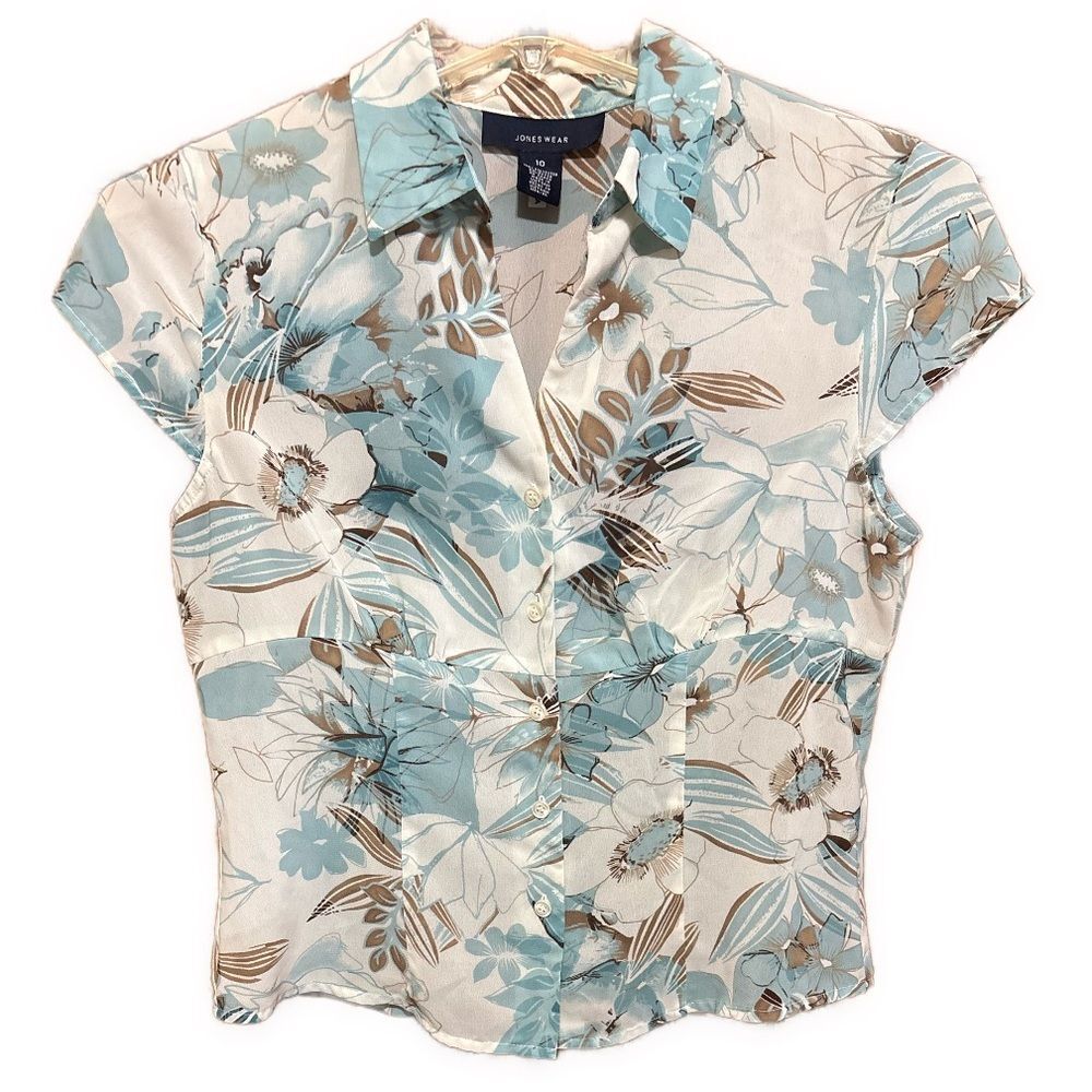 Women's Size 10 Jones Wear Floral Blouse Shirt in Blue, Brown & Cream